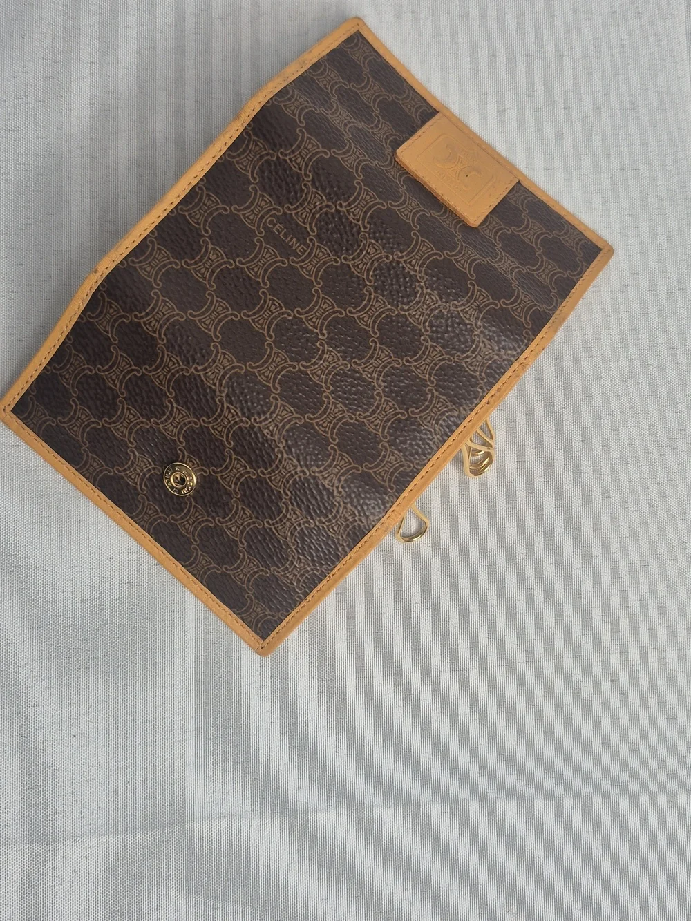 Celine Brown Canvas Trifold Key Holder with Tan Trim
